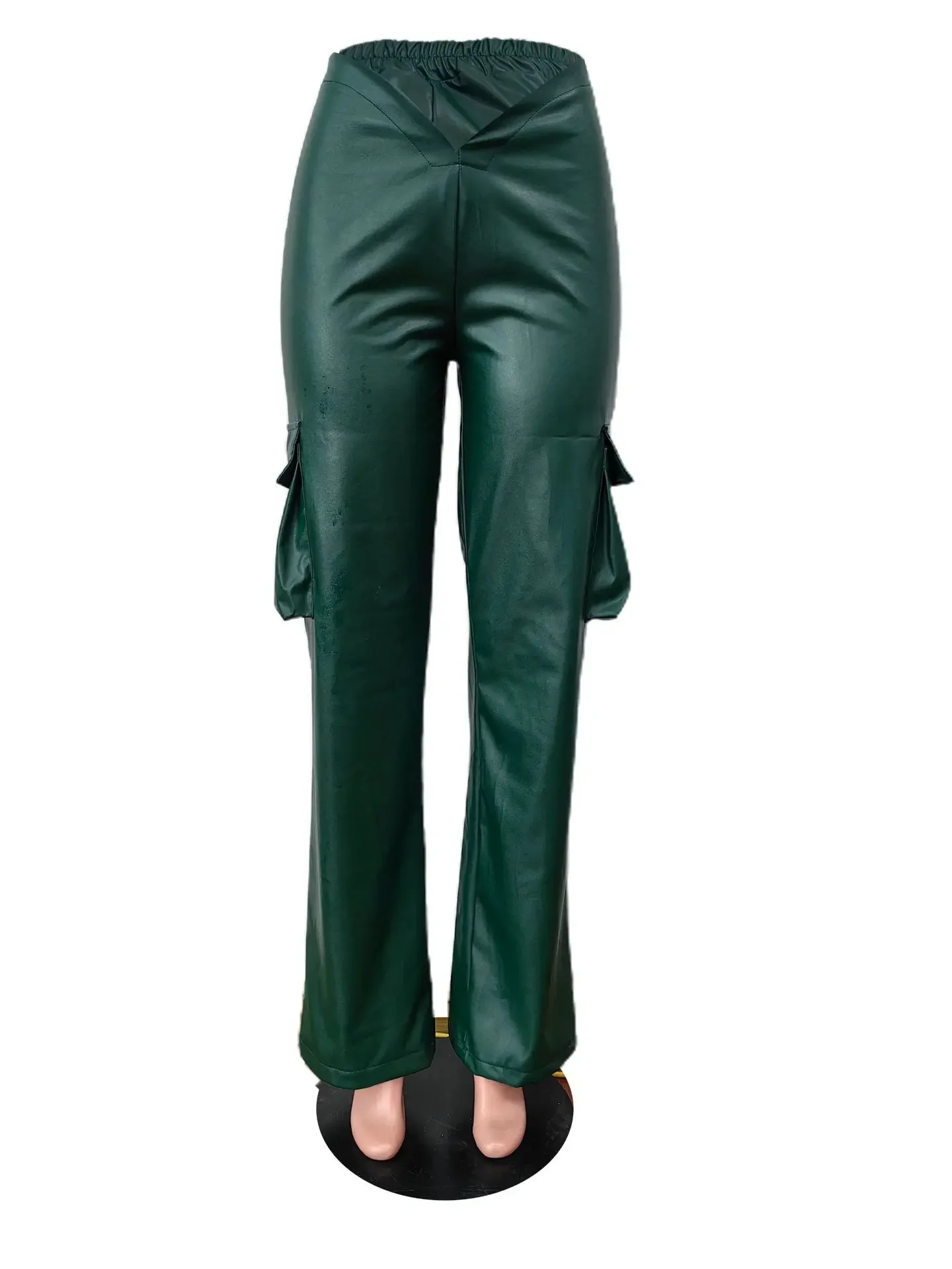 2023 Autumn Fashion Winter Solid Color Sexy V Waist PU Leather Pants Casual Streetwear Women Stretch Pocket Side Wide Leg Pants