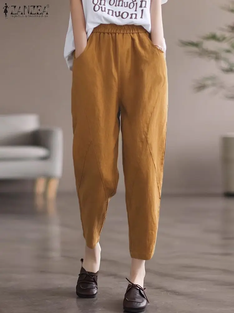 

ZANZEA Women Trouser 2024 Summer Pencil Long Pant Casual Solid Color Elastic Waist Pantalones Fashion Pocket Stitching Pants