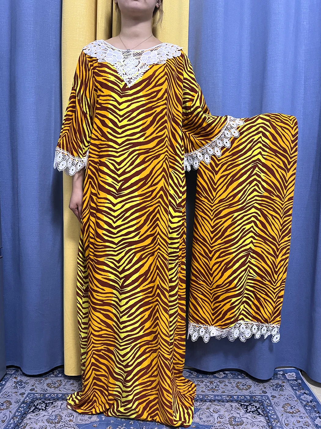 Abayas For Women Appliques Stripe Printing Cotton Robe Muslim Fashion African Woman Dresses Turkey Islam Clothing With Headscarf