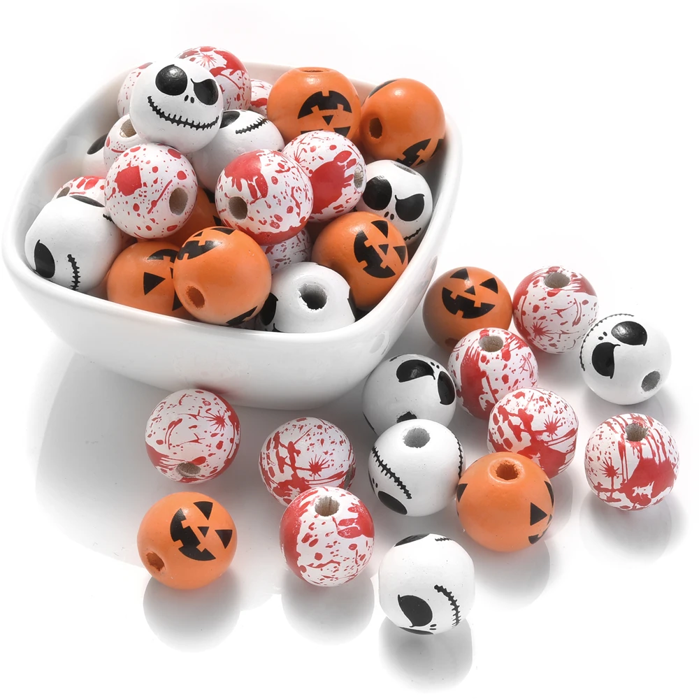 10 stücke 16mm halloween gruselige holz perlen natürliche holz abstands halter perlen für schmuck machen diy urlaub dekorations zubehör – Detail 1