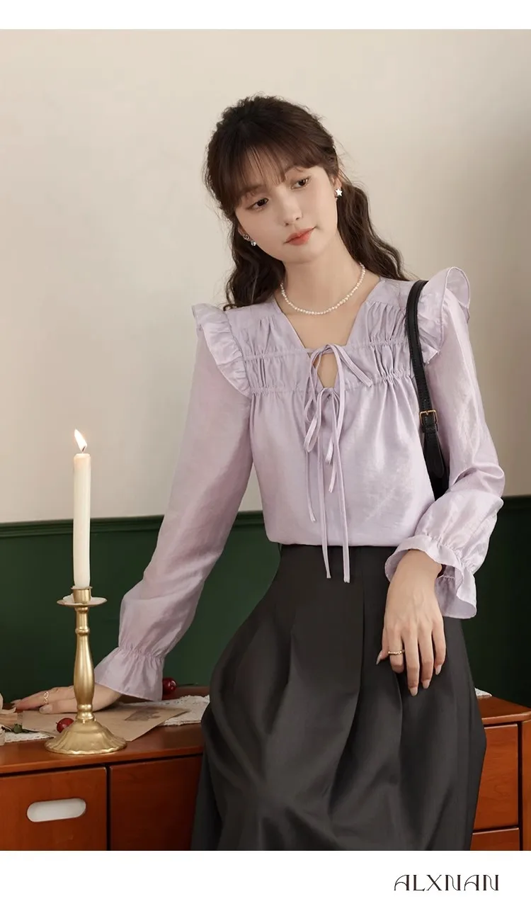 

Elegant Chic Sweet V-neck Ruffles Long Sleeve Button Shirts For Women Autumn Fashion Lace-up Work Wear Blouse Top