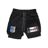 Levi Ackerman Print 2in1 Running Shorts for Men Gym Workout Compression Shorts Phone Pocket Towel Loop Summer Sport Activewear