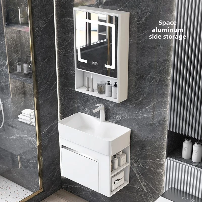 Space aluminum side storage bathroom cabinet ceramic washstand small apartment arc face wash basin cabinet combination