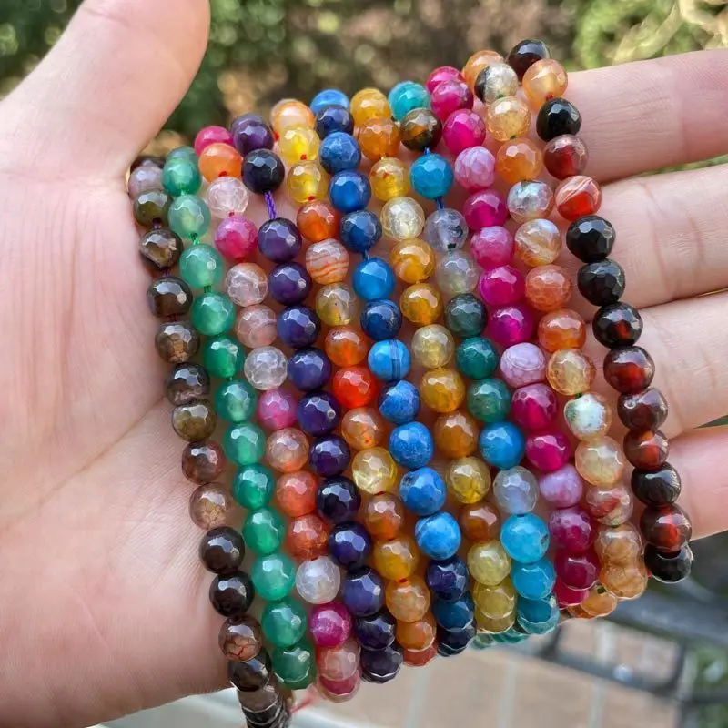 

6mm Round Faceted Multicolor Aagte Natural Stone Spacer Beads for DIY Accessories Charm Bracelet Necklace Jewelry Making 15"