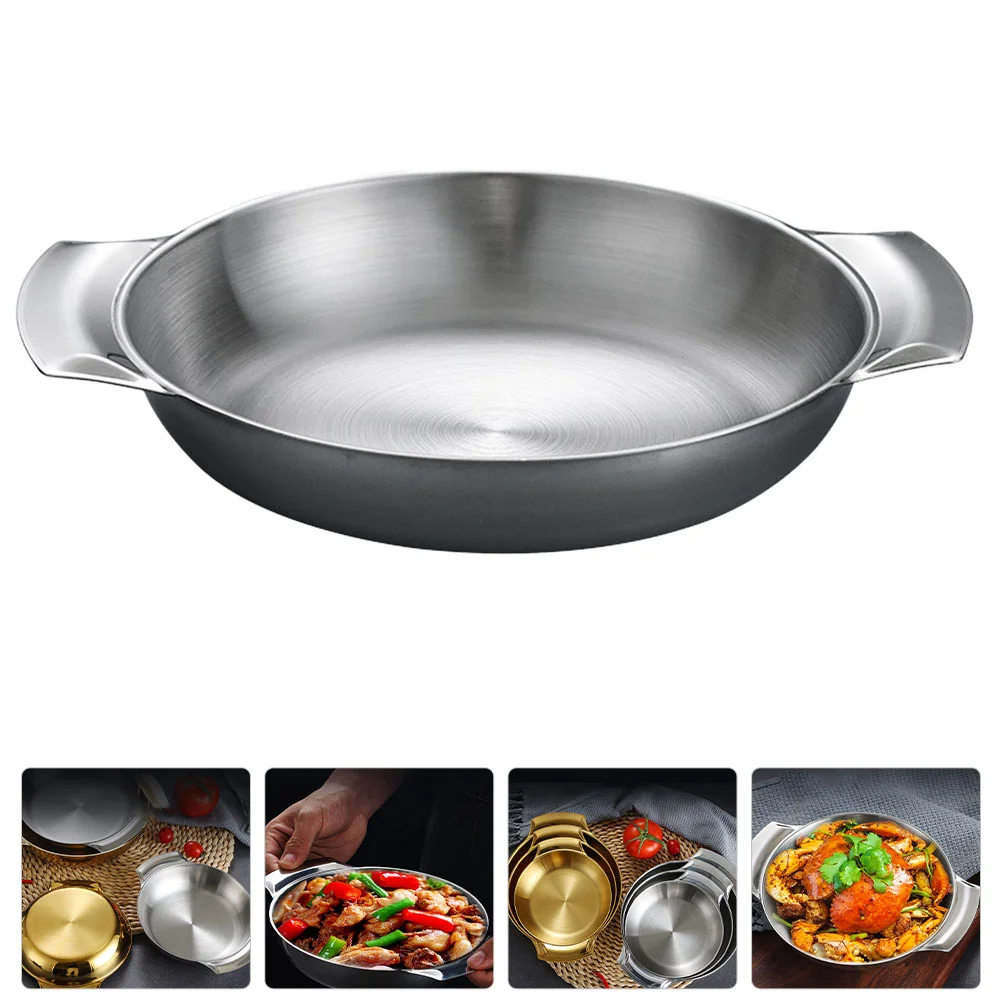 

Stainless Steel Stock Pot Paella Pan Double Handles Nonstick Flying Pans Flat Bottom Kitchen Restaurant Metal Steamer Basket