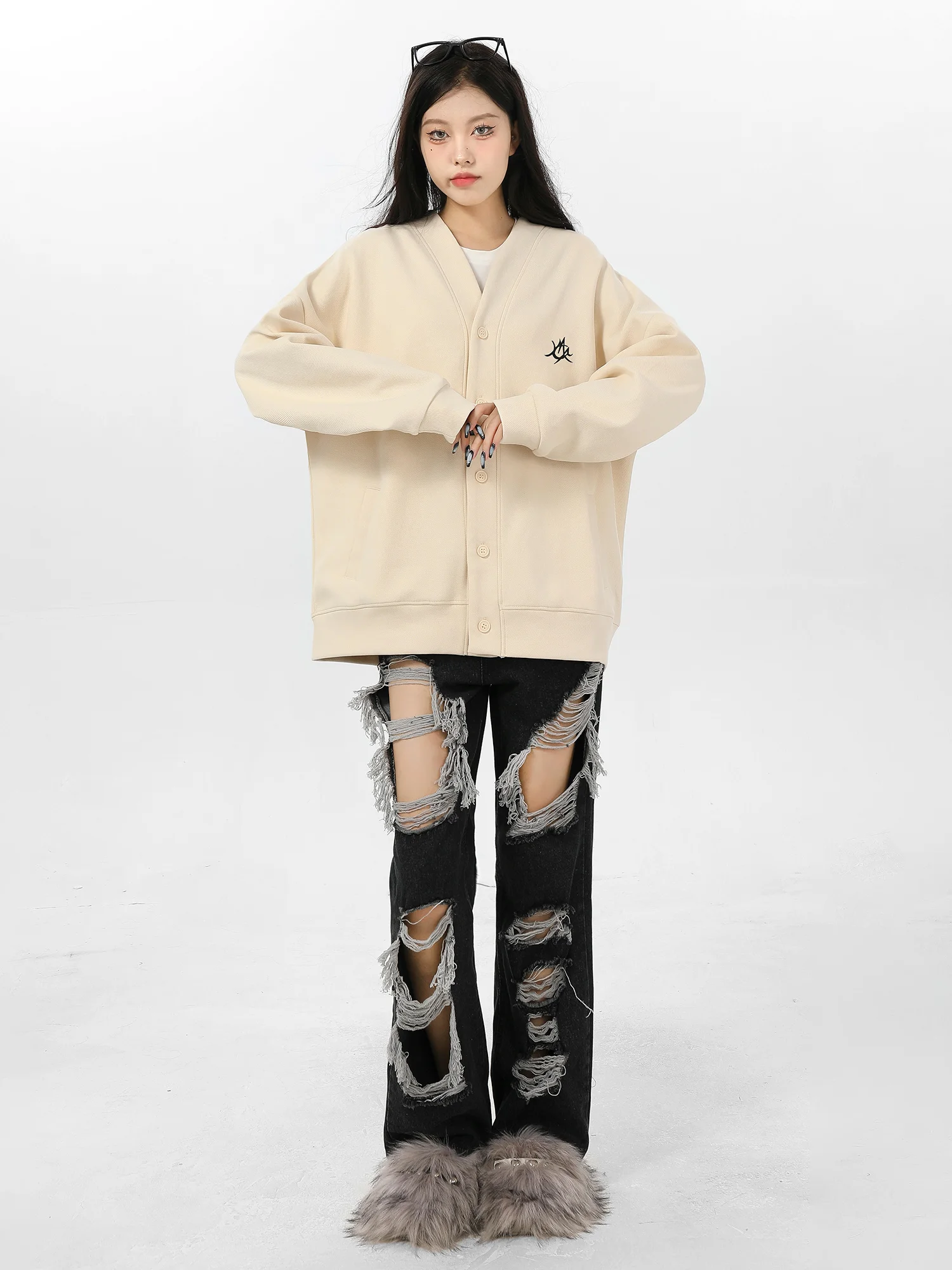 Hooded Sweatshirt Cardigan Women's Light-Colored Fashionable Loose Single-Breasted American V-neck SpringAutumn Long-Sleeved Top