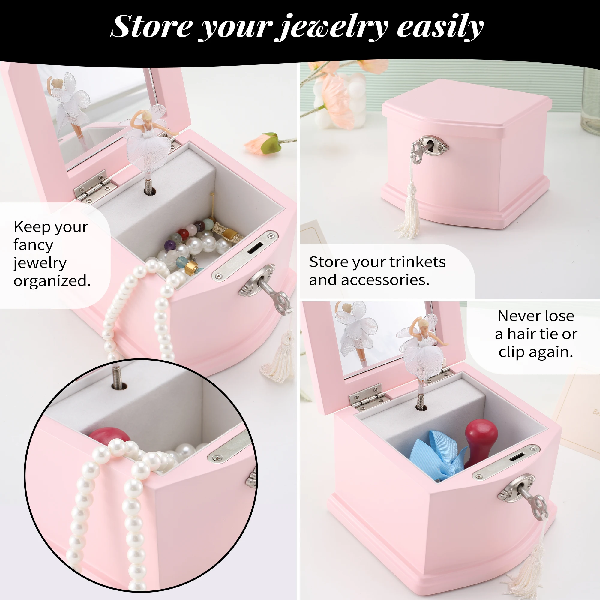 Small Pink Wooden Ballerina Musical Jewelry Box with Mirror and Lock for Girls，Kid's Jewelry Storage Music Box, Gift for Christ 5
