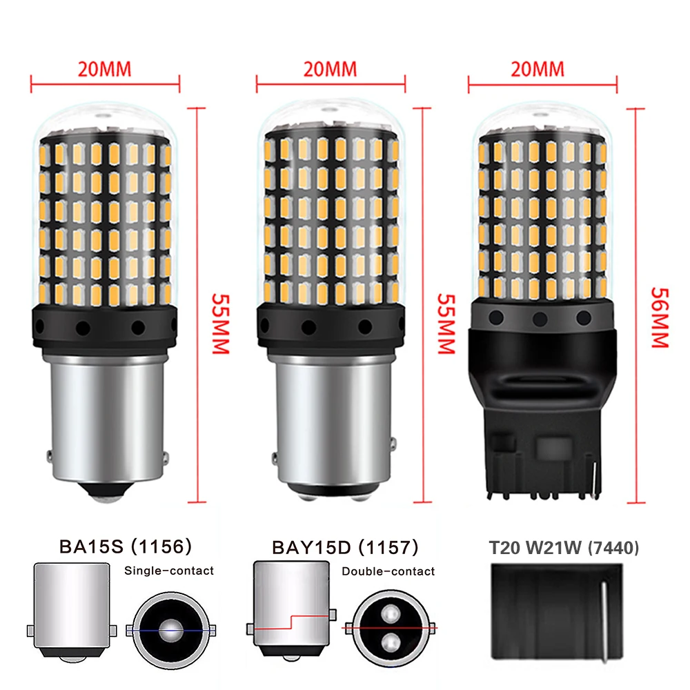 Car Light Bulb 2pcs 1156 BA15S P21W BAU15S PY21W 3014 144SMD T20 1157 BAY15D P21/5W 7440 7443 Turn Signal Reverse Lamp 12V