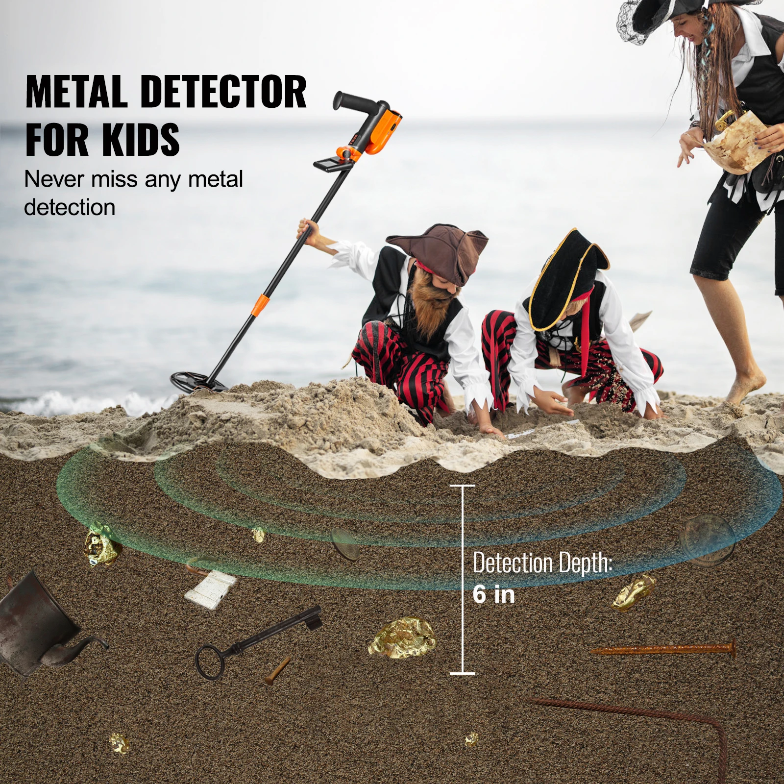 SucceBuy Metal Detector for Kids 6 Inch 25''-37'' Adjustable Length IP68 Waterproof Search Coil & LCD Display for Detecting Gold
