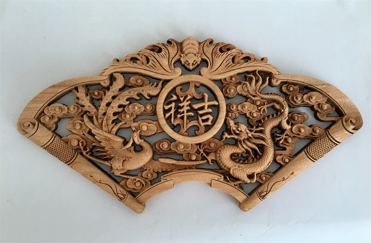 Fan-Shaped Wood Carving Decorations, Exquisite Home Crafts Decorations, Auspicious dragons and phoenix 4