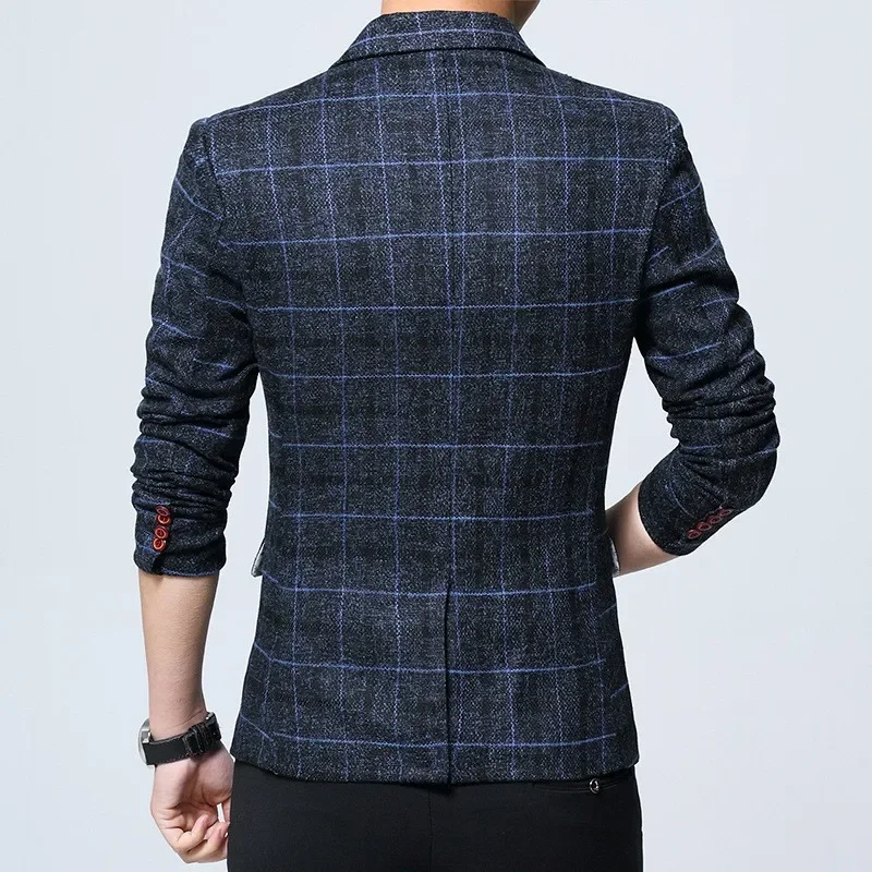 Autumn Men's Plaid Single Western-style Blazer Slim Fit Korean Youth Fashion Solid Color Simple Style Casual Wedding Suit 4
