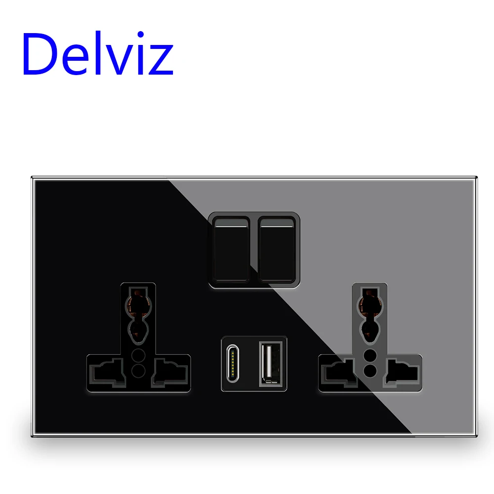 Delviz Crystal glass Type-C Socket, Wall 5V USB Ports, Switch control socket, 18W 3A Quick charge, Universal Double Power Outlet