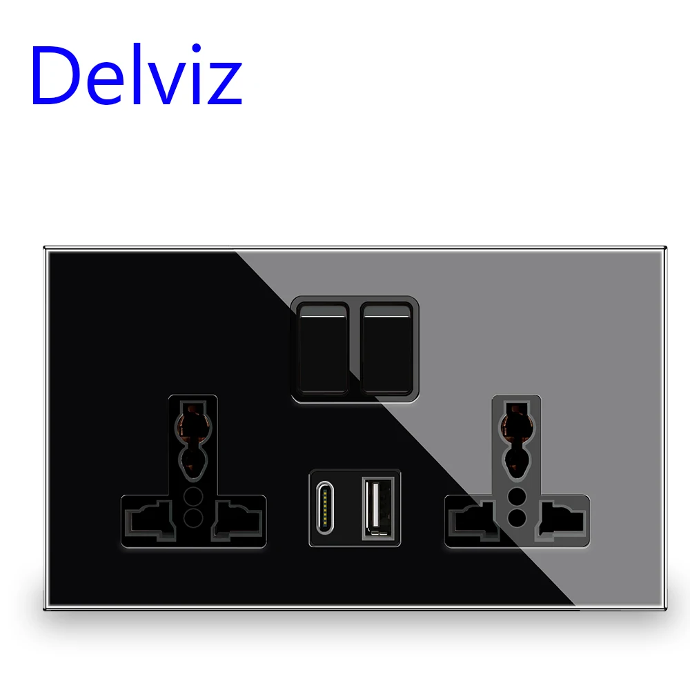 Delviz Parede 18w Tipo-c Soquete Tomada de Energia Dupla Universal 146 mm 88 mm Preto Painel de Vidro Temperado 2a Carga Rápida 5v Portas Usb
