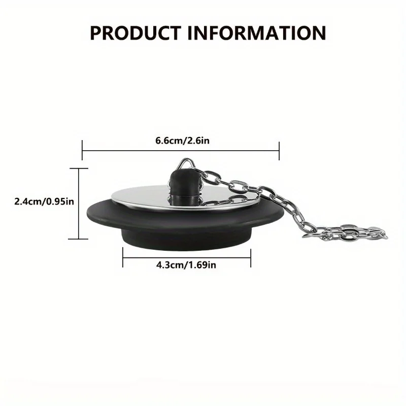 긴 금속 볼 체인과 걸이 고리가 있는 3개의 범용 고무 싱크 플러그, 43mm 욕실 및 주방 배수구 커버