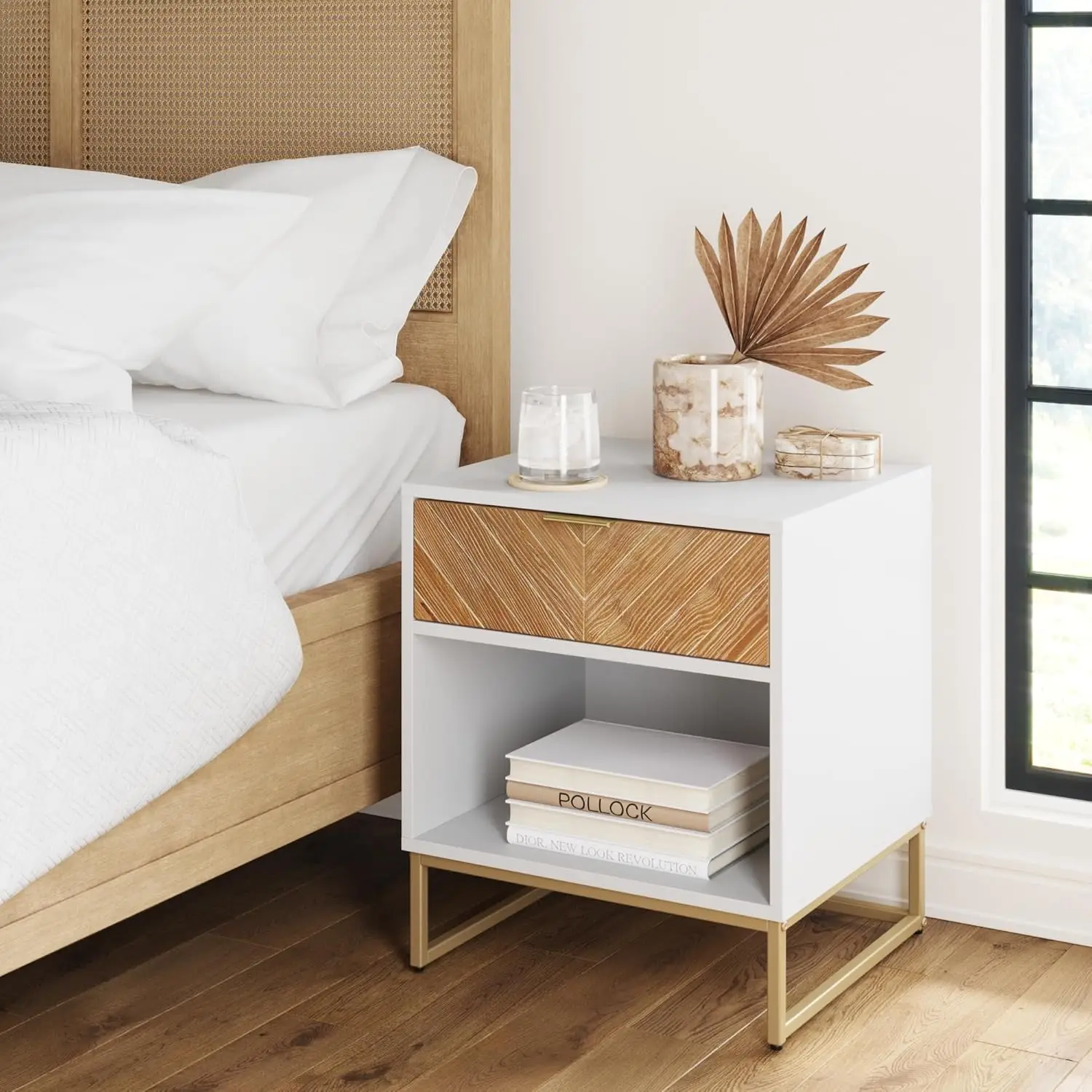 Nathan James Kensi Nightstand Side Accent or End Table with Storage, White/Gold Bedroom Furniture