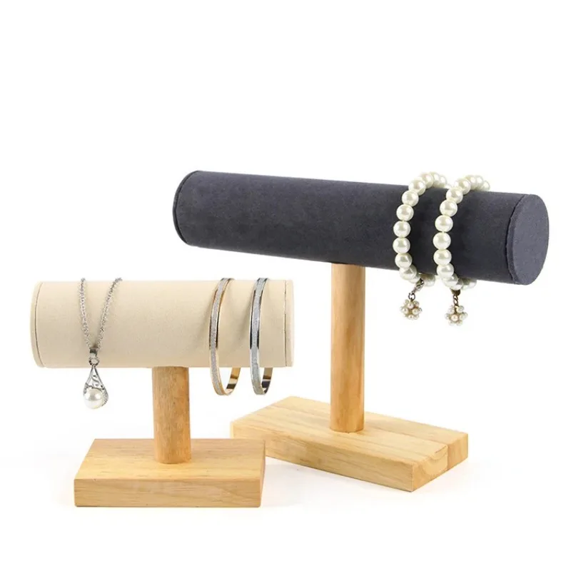 Solid Wooden T-bar Jewelry Bracelet Watch Stand Display Hair Tie Headwear Holder Necklace Hanging Organizer Desktop Storage Rack
