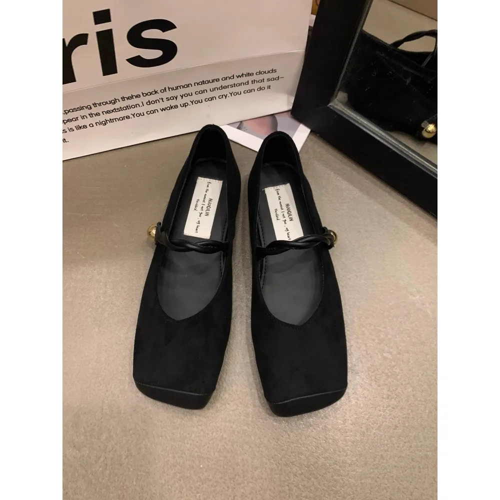 

Women's 2023 ballet flat shoes, faux velvet suede square toe ball buckle casual shoes, comfortable women's singles shoes