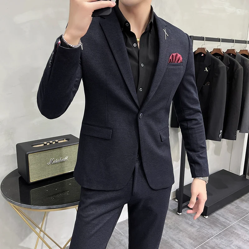 

[Blazer + pants] luxury men suit 2-piece suit fashion boutique groom wedding dress men thick woolen striped business tuxedo suit
