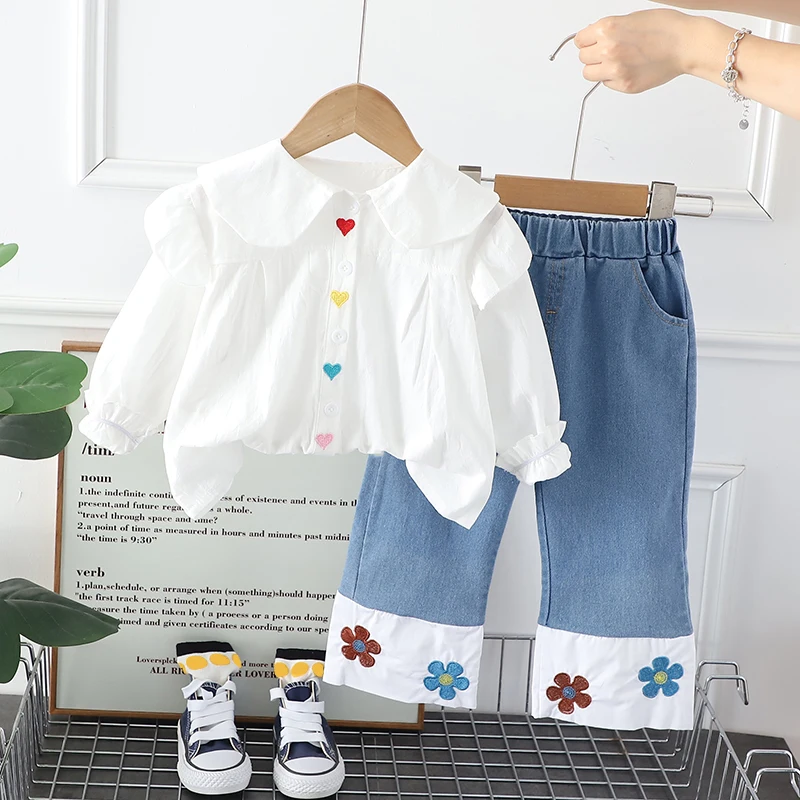 

2023 Spring Autumn Children Clothing Sets Baby Girls Floral Shirt Jeans 2 Pcs Suit Toddler Kids Tracksuit Infant Clothes Outfits