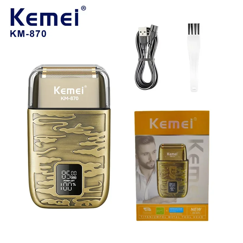 Kemei KM-870 Men's Electric Shaver-3-Speed Adjustable Retro Metal Razor with USB Charging, Portable Cordless Trimmer