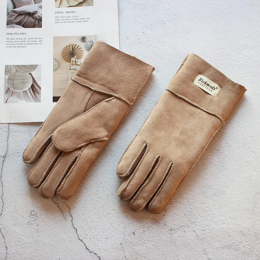 Women's Thickened Winter Sheepskin Fur Gloves Windproof Warm Outdoor Motorcycle Riding Color Leather Finger Gloves