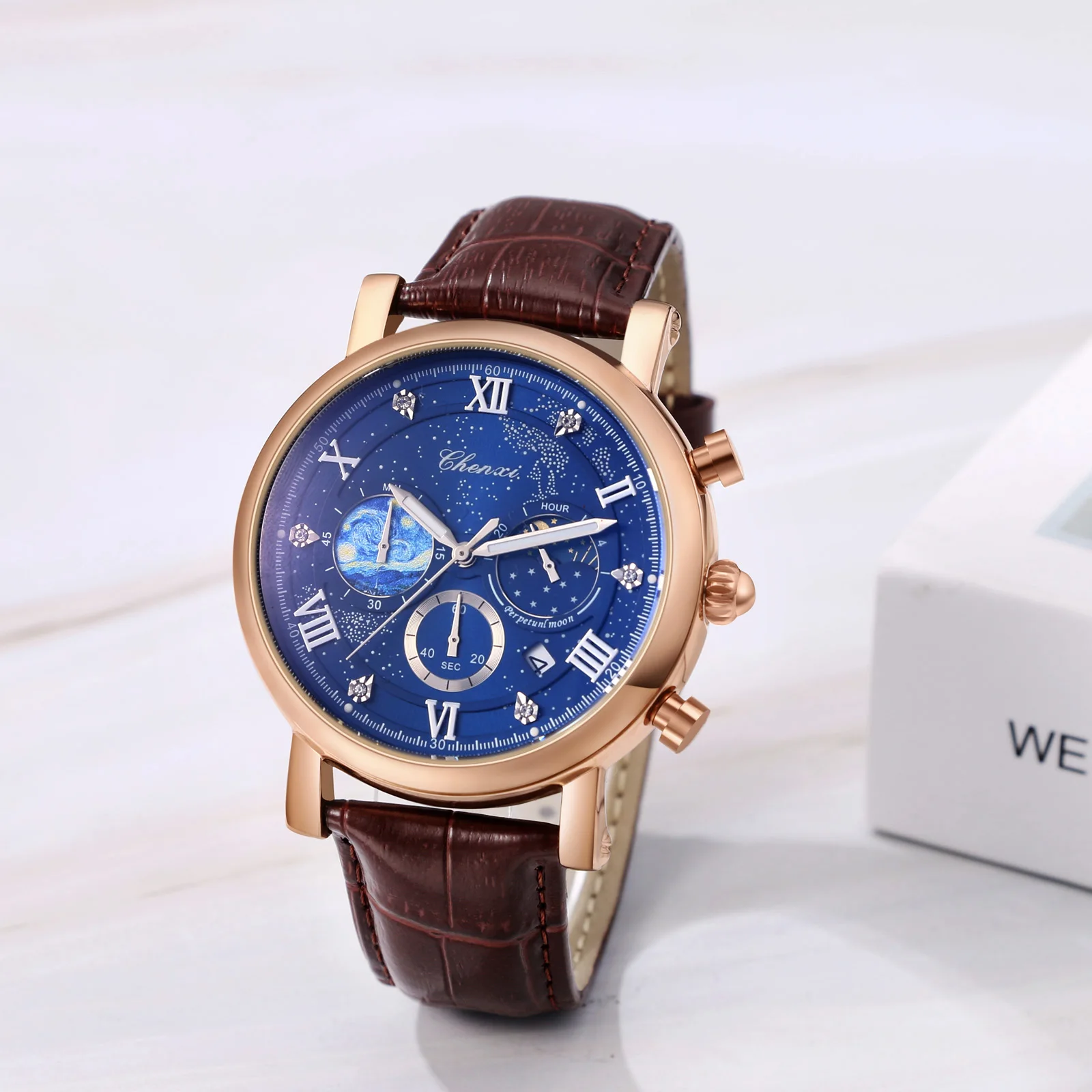 Men's quartz watch Leather strap waterproof watch Van Gogh Starry Sky decorated dial Chronograph Stopwatch Calendar available