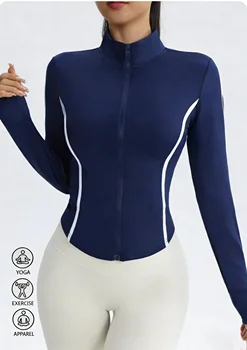 Women Navy Blue Yoga Jacket with White Contrast Stitching Slim Fit Full Zip Up Track Jacket High Neck Activewear Top for Workout 1
