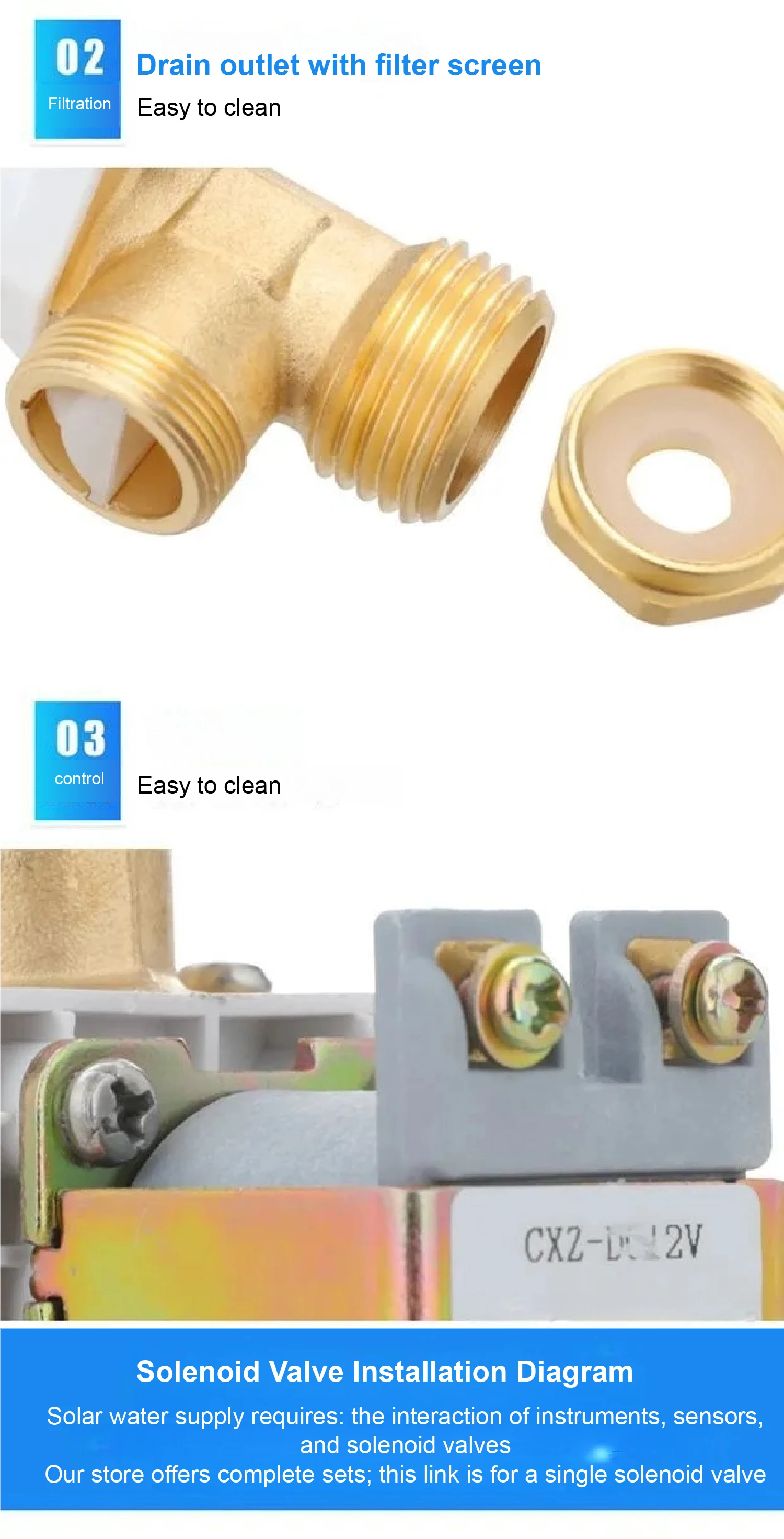1/2" Brass Male Thread Solar Solenoid Valve DC12V AC220V Normally Closed Water I