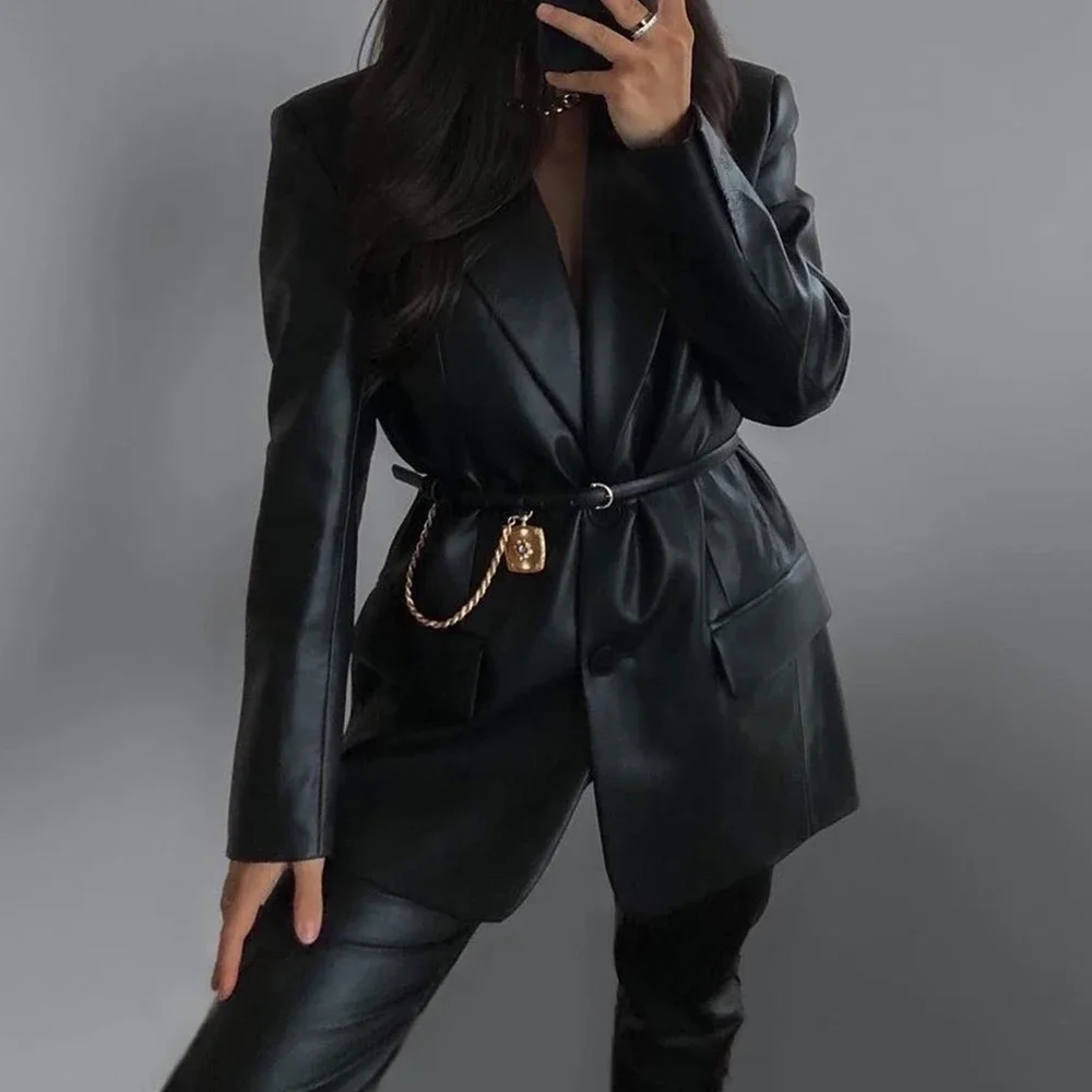 Women Spring Black Faux Leather Jacket Long Sleeve Lapel Single Breasted Leather New Winter Female Fashion High Street Long Coat women blue pu leather oversized blazer new lapel long sleeve loose fit coat fashion tide spring autumn 2021 high quality blazers