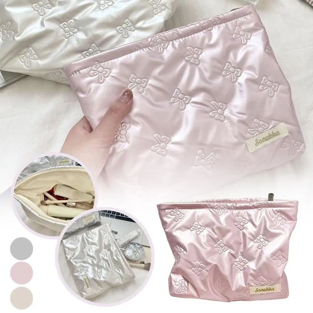 Bow Print Quilting Cosmetic Bag Hand-held PU Korean Style Makeup bag Handbag  Makeup Bags Multifunctional Storage Bag