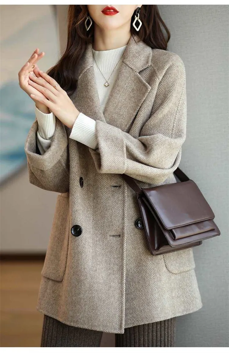 long puffer coat Autumn And Winter Clothing New Fashion Herringbone Pattern Woolen Coat Women Temperament Slim Suit Collar Coat Trend N1579 long black puffer