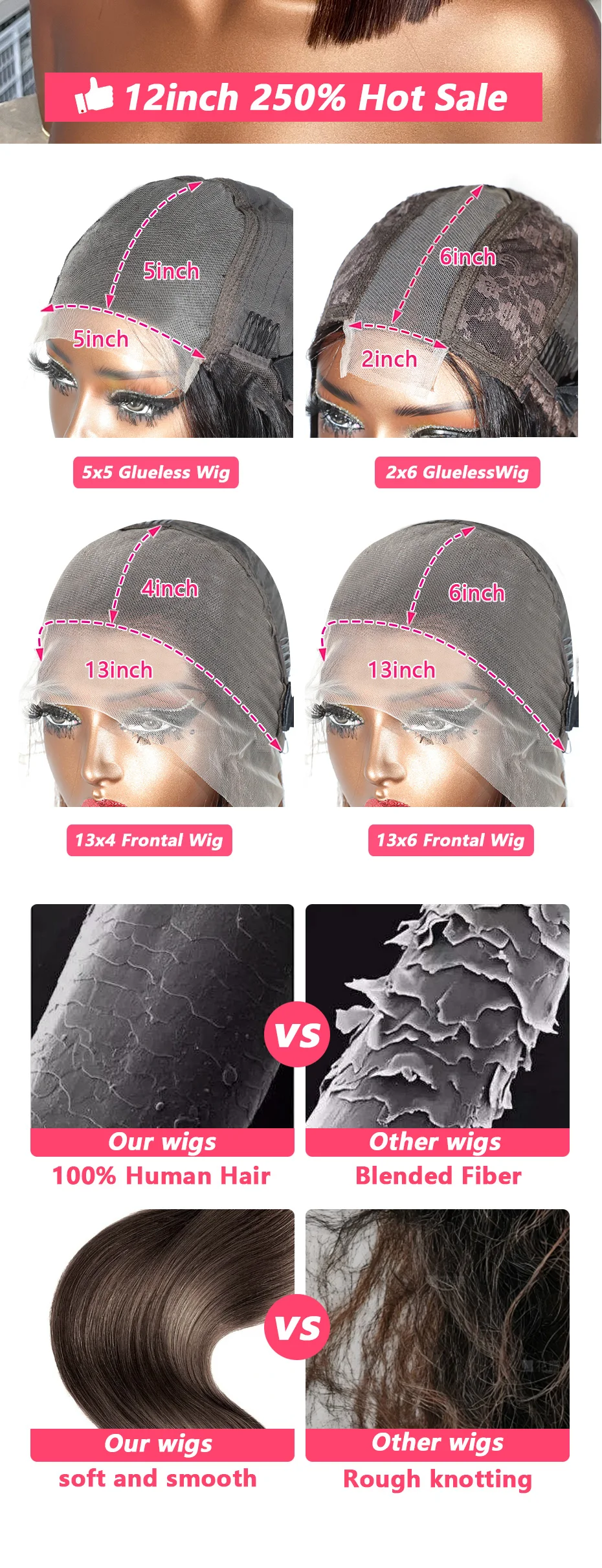 # 2 braune 13x4 13x6 transparente Lace Frontal Bob Perücken, echt 300 Dichte, hochwertige, knochenglatte 5x5 Glueless Perücken, 100% Echthaar – Detail 8