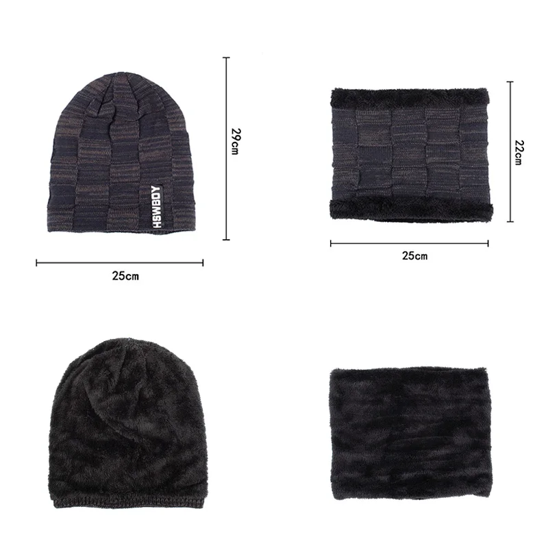 Winter Men Beanie Hat Scarf Set Knitted Warm Skullies Neck With Thicken Lined Male Scarf Cap Set