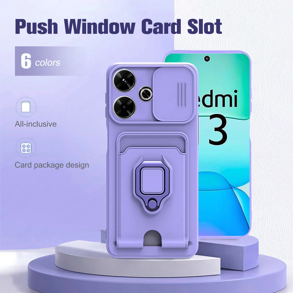 For Xiaomi Redmi 13 4G Push Pull Camera Phone Case Car Magnetic Ring Stand Soft Back Cover