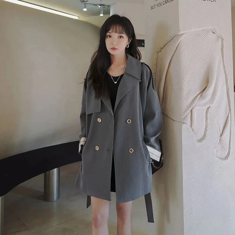 

Spring Autumn Women Gray Black Short Trench Coat Loose Turndown Collar Double-breasted Long Sleeve Female Windbreaker With Belt