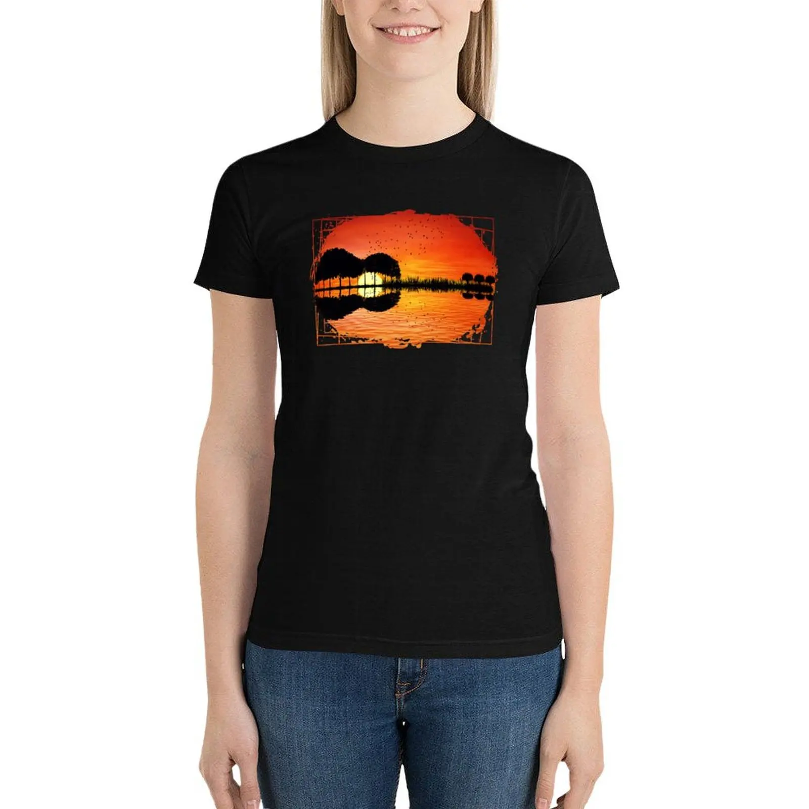 

guitar island sunset T-Shirt summer clothes plus size tops Womens graphic t shirts