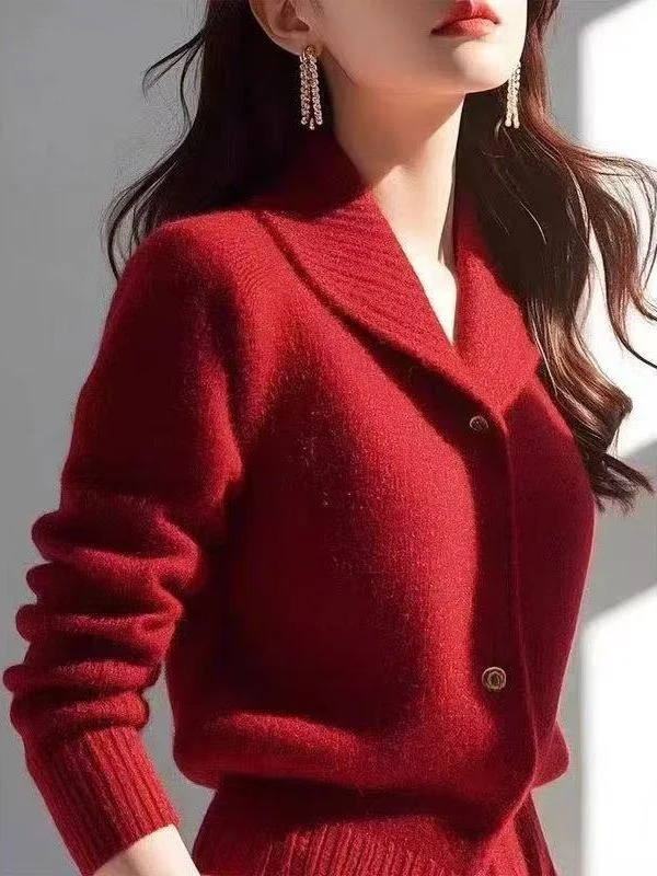 Faionable Korean Sle Blue Knitted Sweater Turn-down Collar Thiened Autumn Winter Women's Clothing Commute Sle Slim Fit