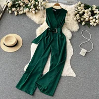 Summer Women Long Jumpsuits V Neck Sleeveless Belt Design Zipper Loose Wide Legs Pants 2024 New Fashion OL Bodysuits - Image 4