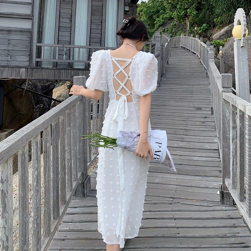 

Fashion Chic Summer Sexy Lace Up Crossed Backless Vacation Dress New Women Square Collar Puff Sleeve Split Chiffon Midi Clothes