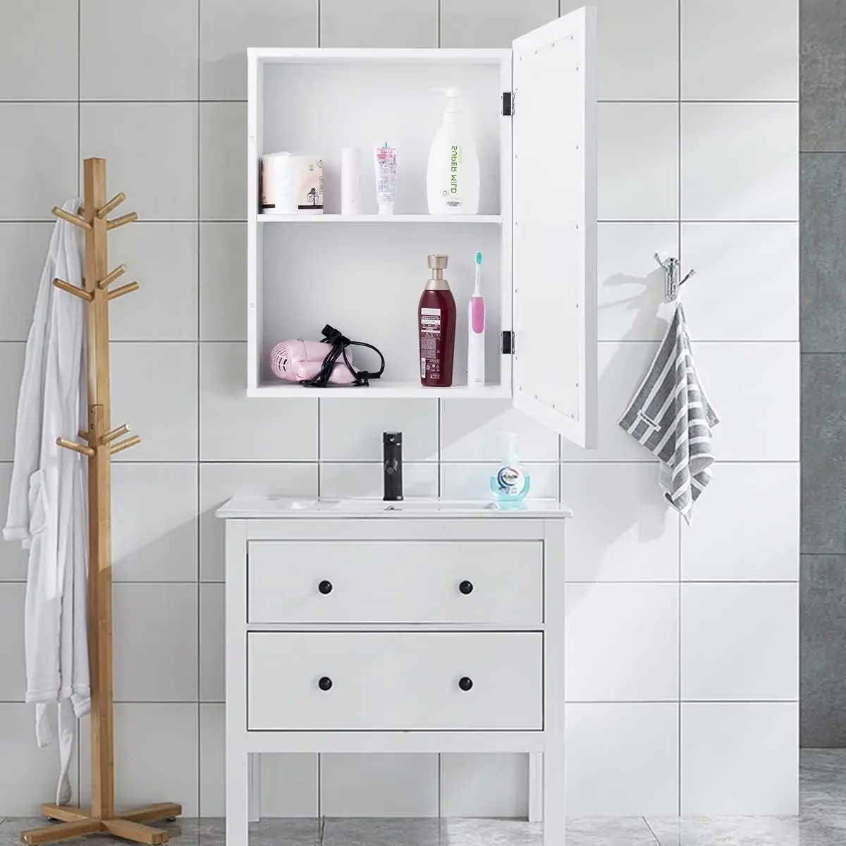 NEW Mirrored Bathroom Cabinet, Wall Mount Storage Cabinet with Single Doors,Hanging Medicine Cabinet for Bathroom (White) 4