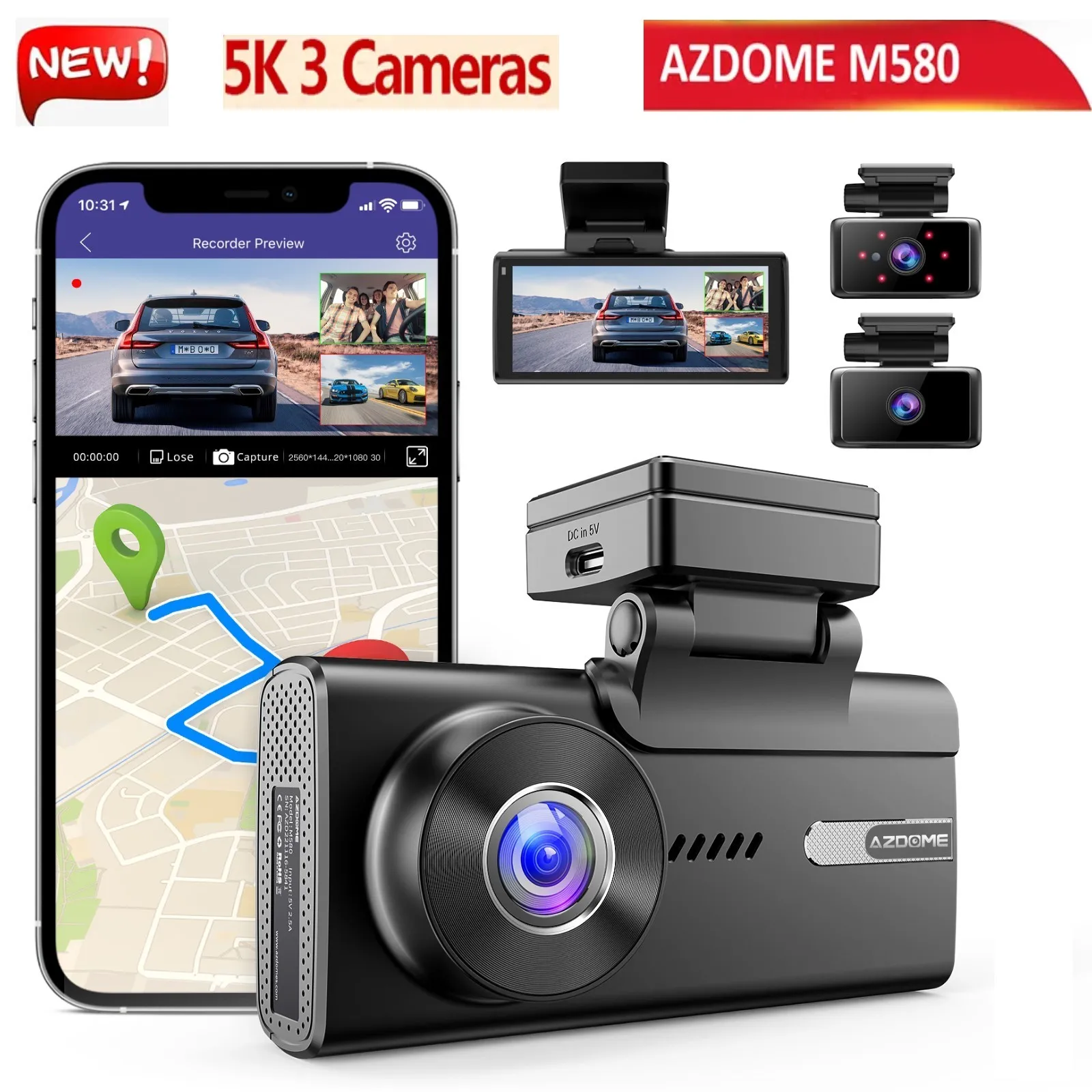 AZDOME M580 Car DVR 5K Dash Cam GPS 3 Cameras 1080P Cabin Rear WiFi Free APP Emergency Record Parking Monitor Loop Recording