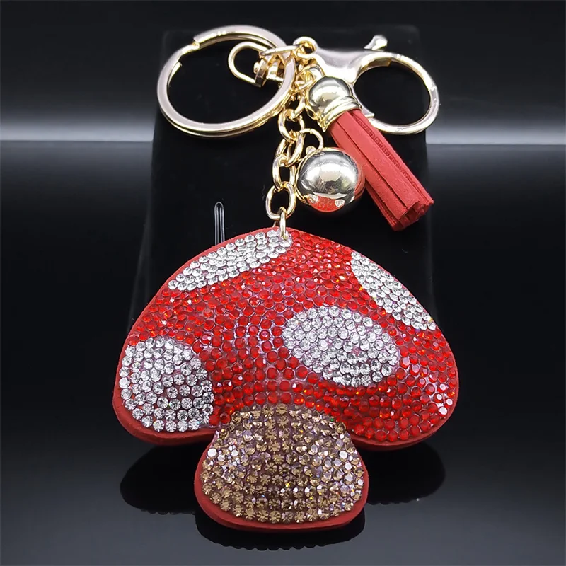 Niedlicher Pilz Schlüssel bund für Frauen/Männer rote Quaste Kristall Gold Farbe Schlüssel ring Tasche Autozubehör Schmuck Porte Clef k4935s01