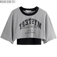 T-shirt imprimé graphique vintage pour femmes, haut court, manches courtes, vêtements Y2K, été, t-shirt court sexy, ensemble 2 pièces, 2025 1