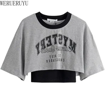 Vintage Print Graphic T-shirt Women Crop Top Short Sleeve Y2k Clothes Summer Loose Sexy Short Two-piece T-shirt Set Womens 2025 1