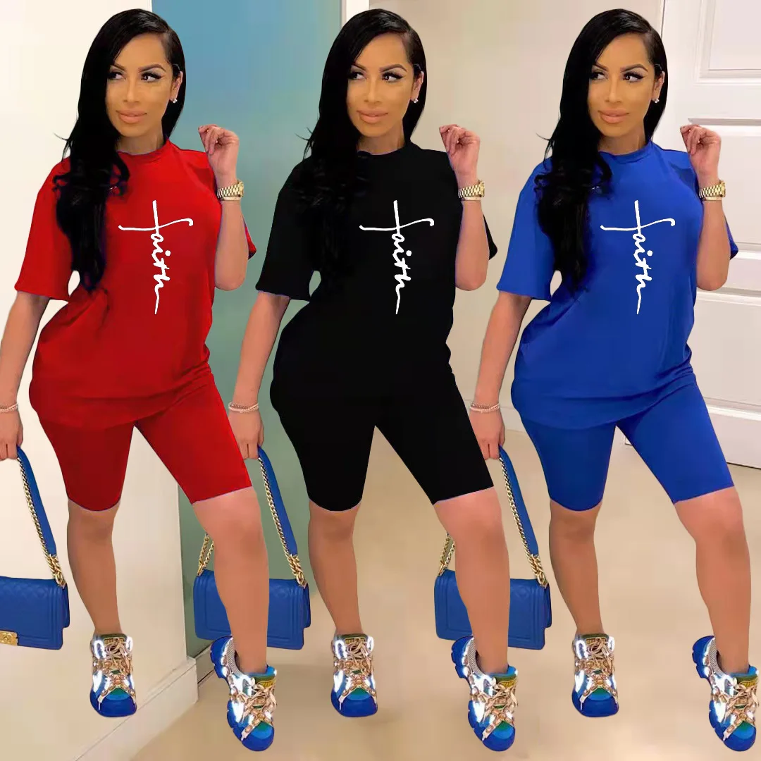 Fashion Two Piece Set 2022 Summer Women Short Sleeve Letter Print T