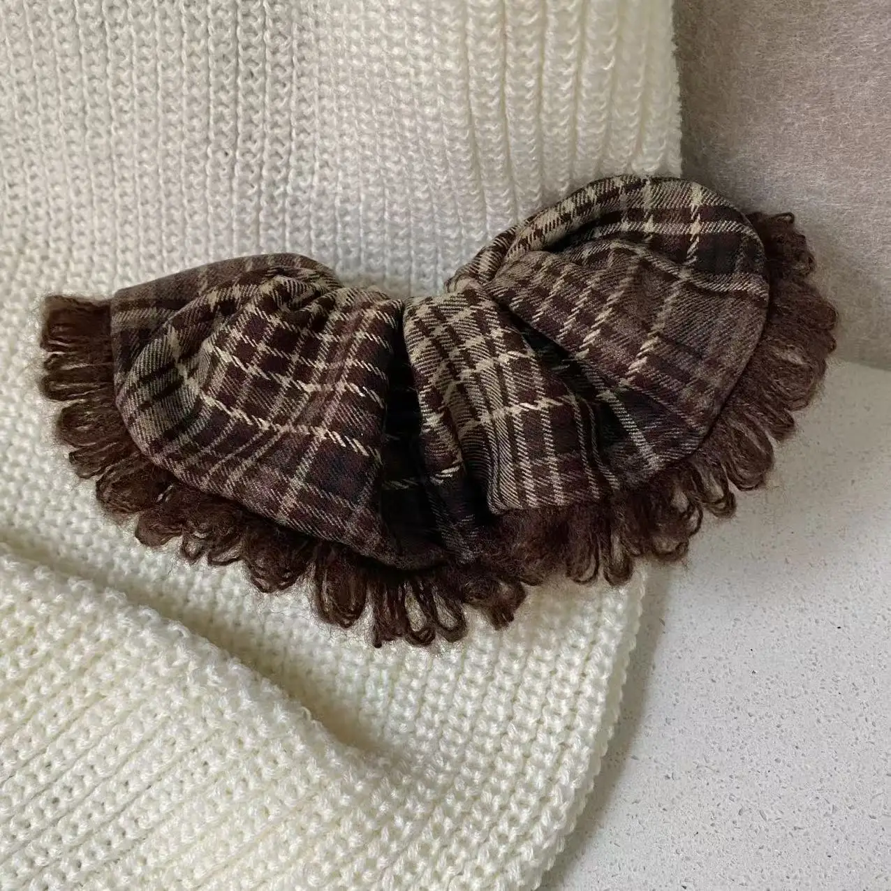 1PC  Plaid Fringed Scrunchie Vintage Brown Tartan Hair Tie Soft Fabric Hair Accessory For Women Girls Daily Winter Fashion Gift