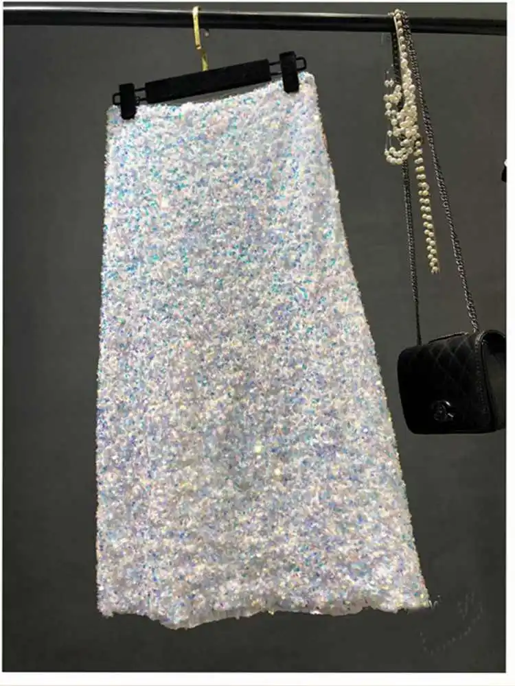 Autumn winter lady's new high-waisted sequin long skirt slimming A-line skirt sparkles every commuter over the knee skirt виброхвост helios trofey sparkles lt 14 см 4 шт hs 25 033