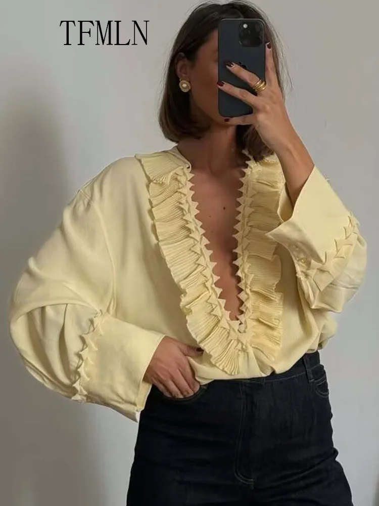 TFMLN 2025 Summer Tierred Ruffles Blouse For Women Fashion Lace Up V-neck Loose Causal Tops High Street Oversize Long Sleeve Top