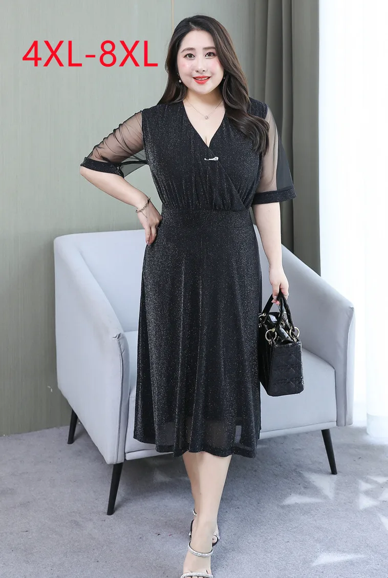 

новый абзац 2022 г. летний расширенный код женская блуждающая юбка большой код короткий рукав V воротник чёрное платье 4XL 5XL 6XL 7XL 8XL