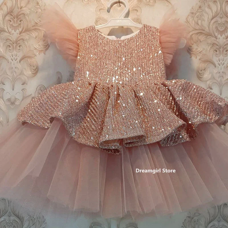 

Dreamgirl Pink Sequined Tiered Flower Girl Dresses Glitter O-Neck Tulle Sleeve Pageant Dress Girls A-Line Birthday Party Dress